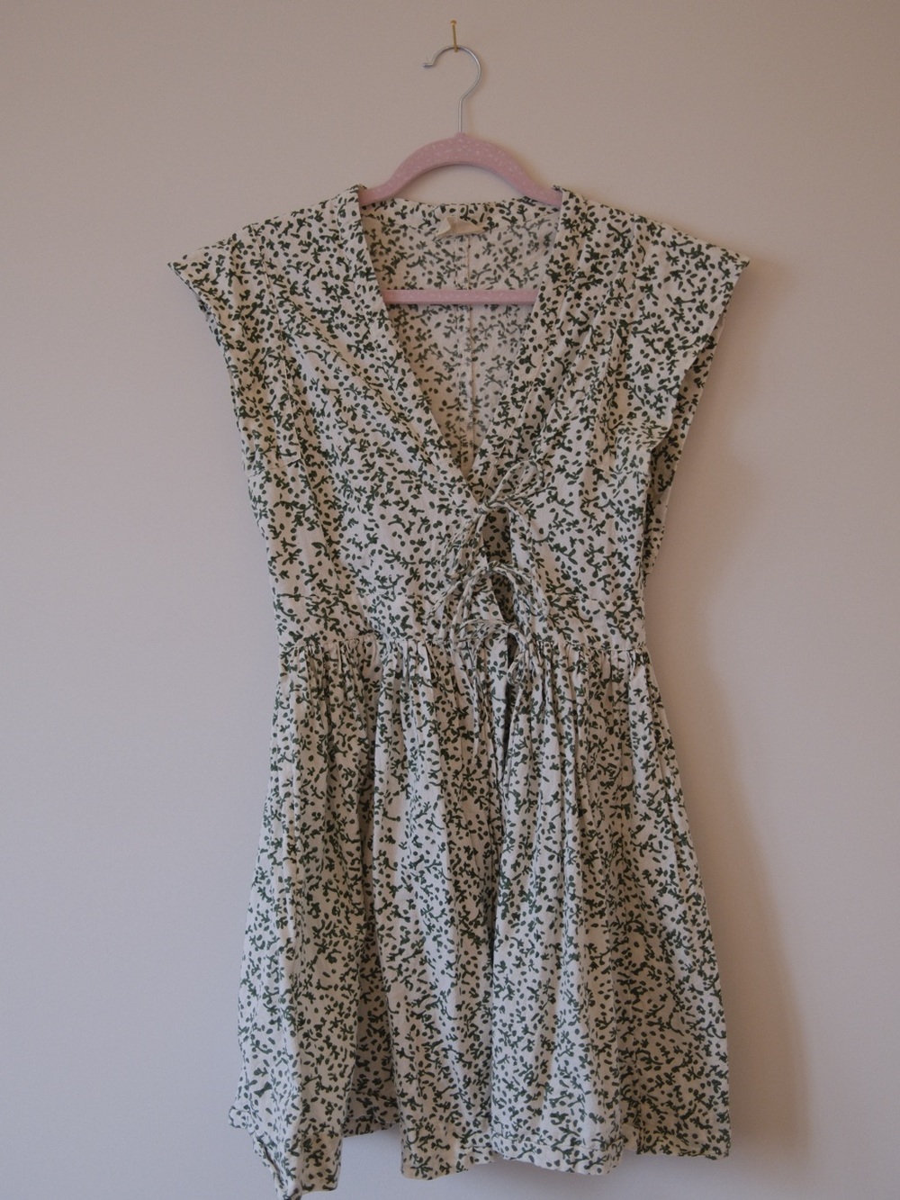 Tie-Front Mini Dress in White with Green Floral Print